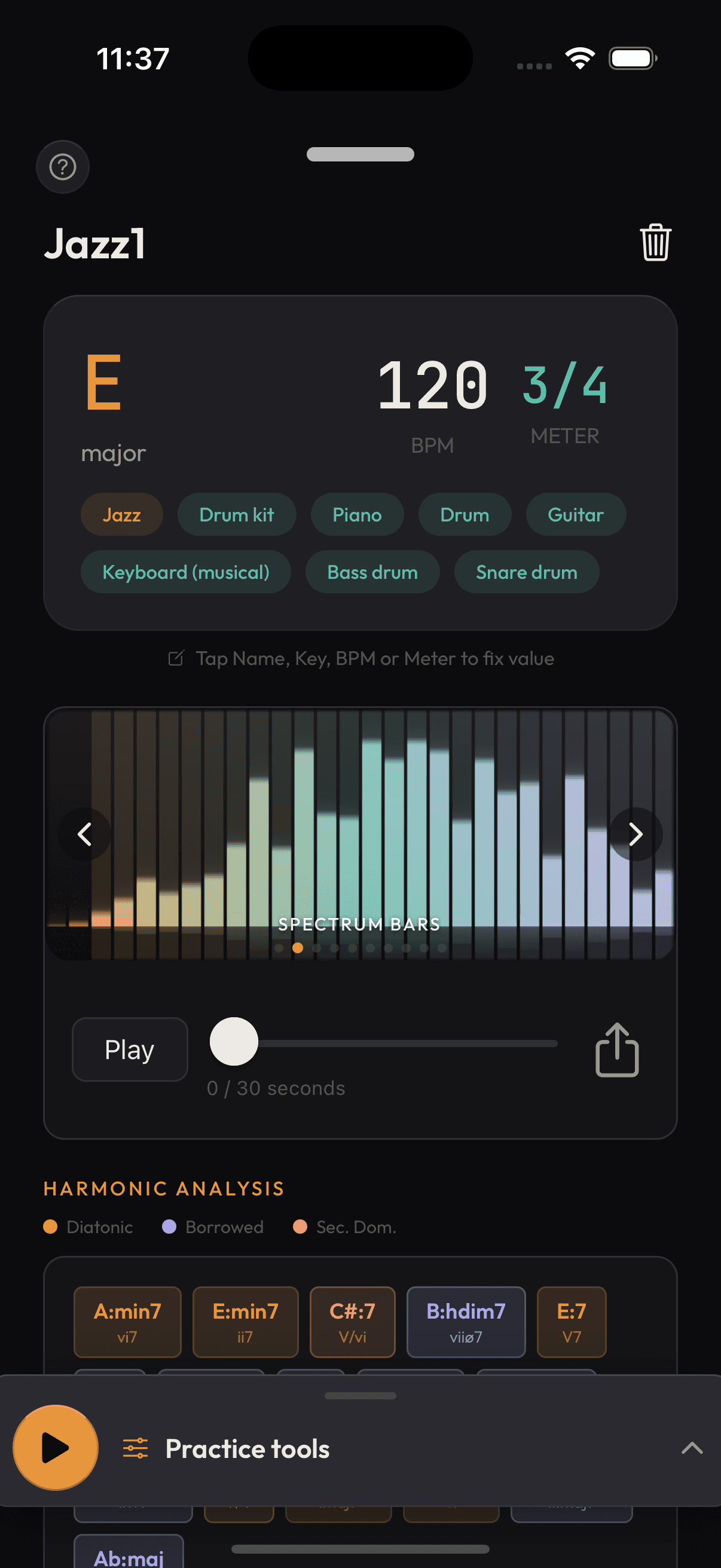 A finished SoundBud session: detected key E major, 120 BPM and 3/4 meter, genre and instrument tags, a spectrum visualiser, playback controls and the Practice tools bar.