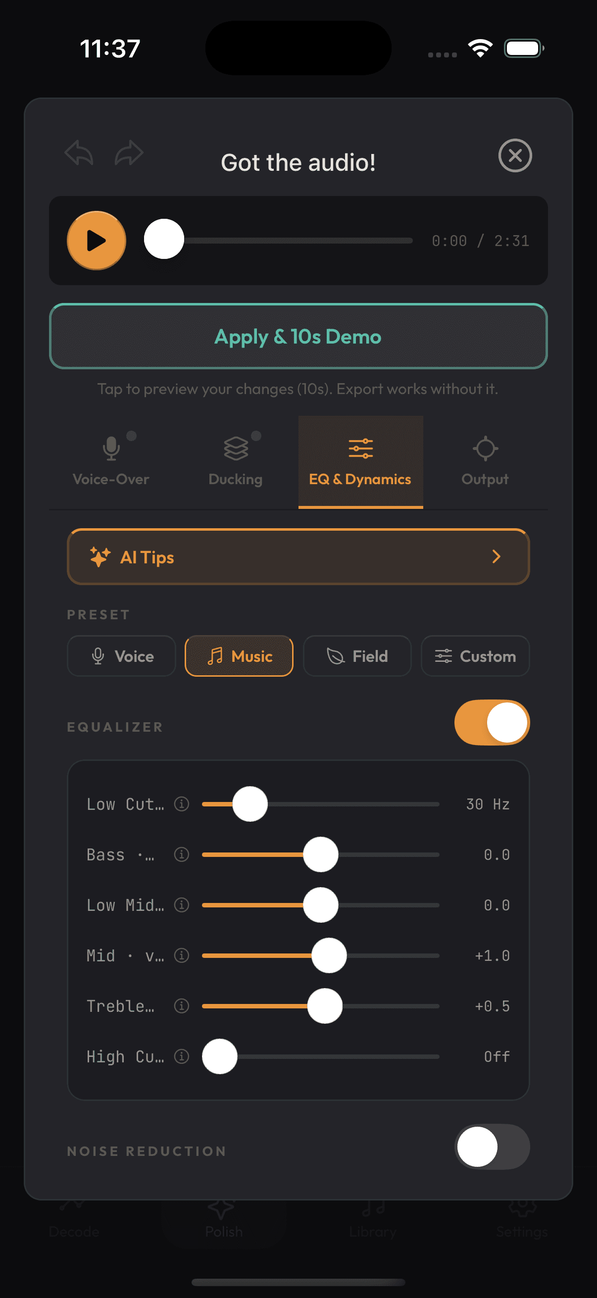 The EQ and Dynamics tab in SoundBud Polish, showing AI Tips, Voice, Music and Field presets, and a 6-band equaliser from Low Cut to High Cut.