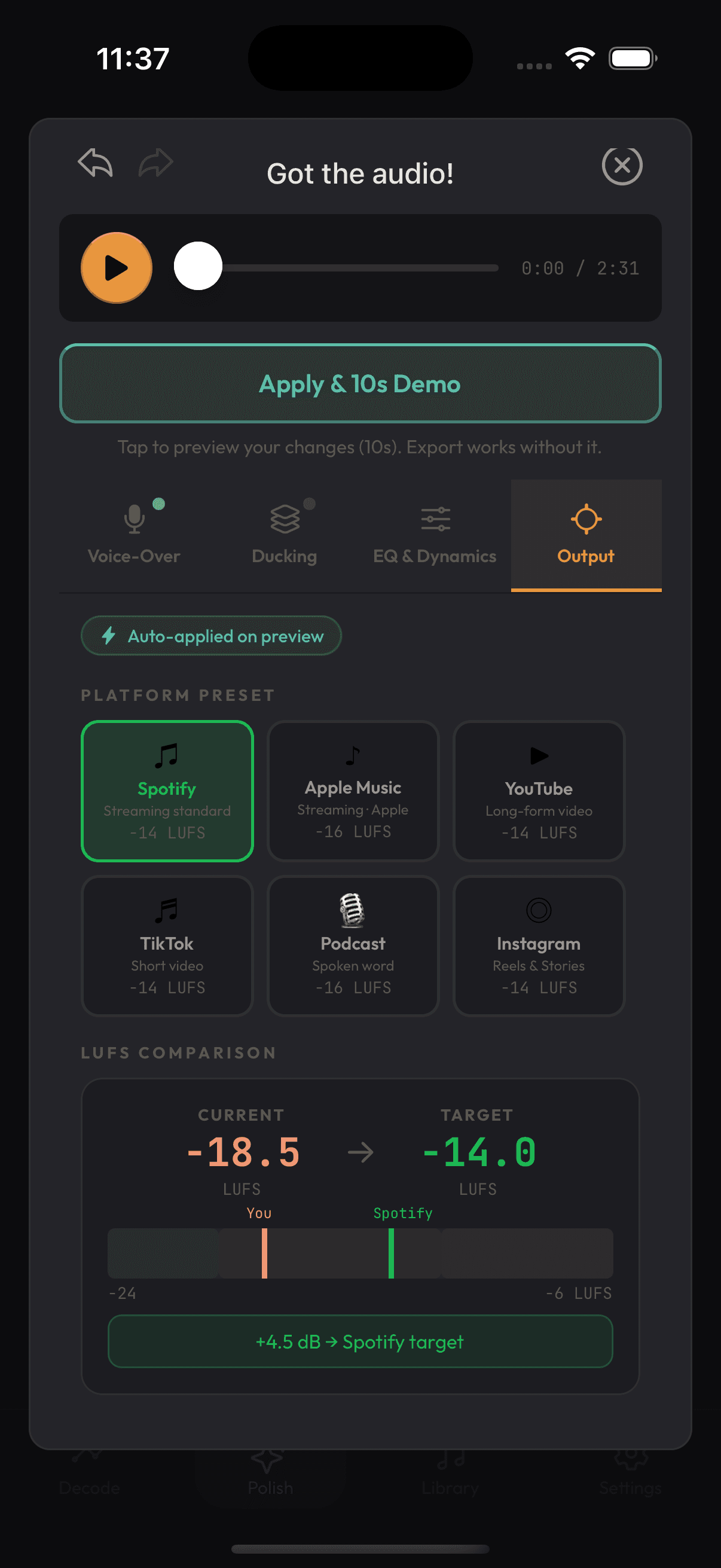 The Output tab in SoundBud Polish: platform presets with their loudness targets, and a LUFS comparison moving the track from its current level to the selected target.