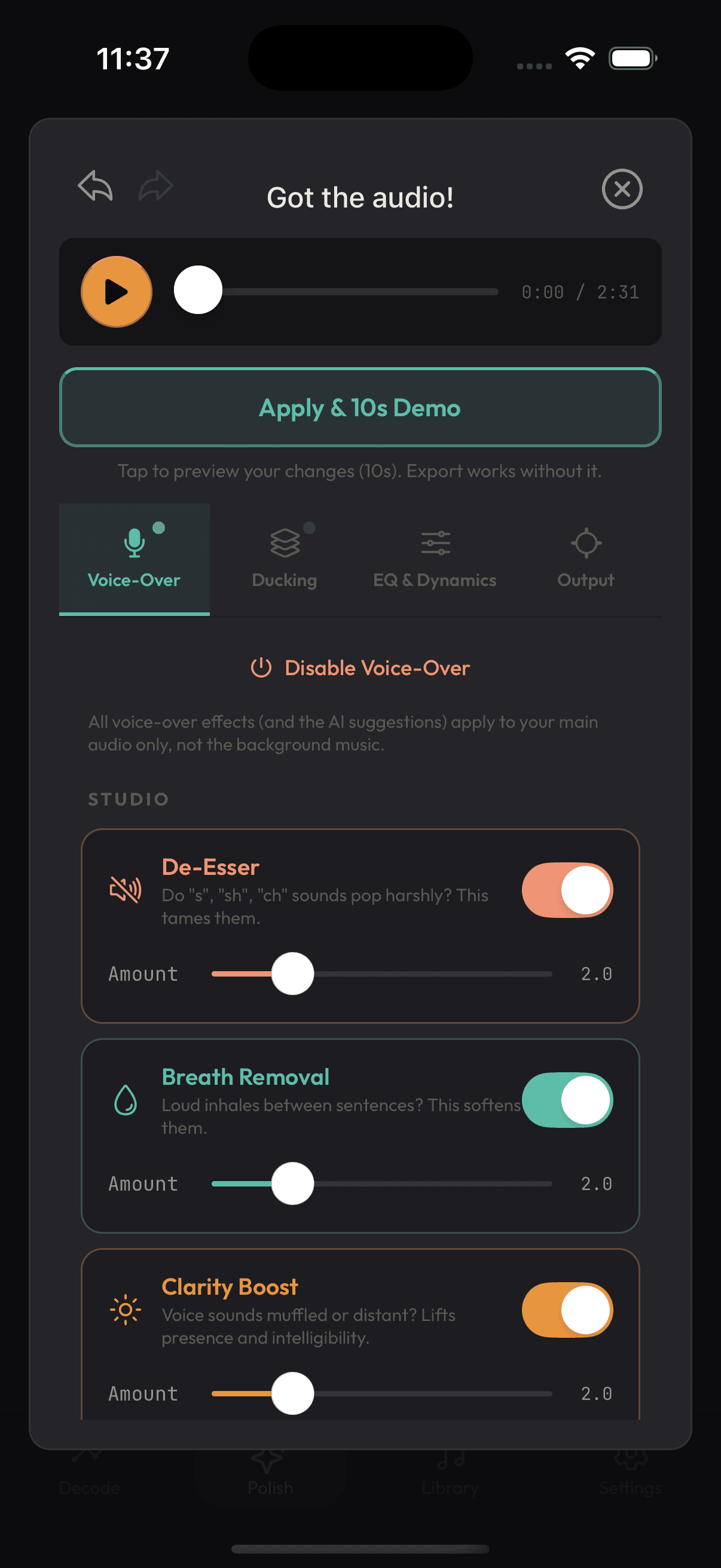 The Voice-Over tab in SoundBud Polish, with De-Esser, Breath Removal and Clarity Boost, each a toggle with an amount slider.